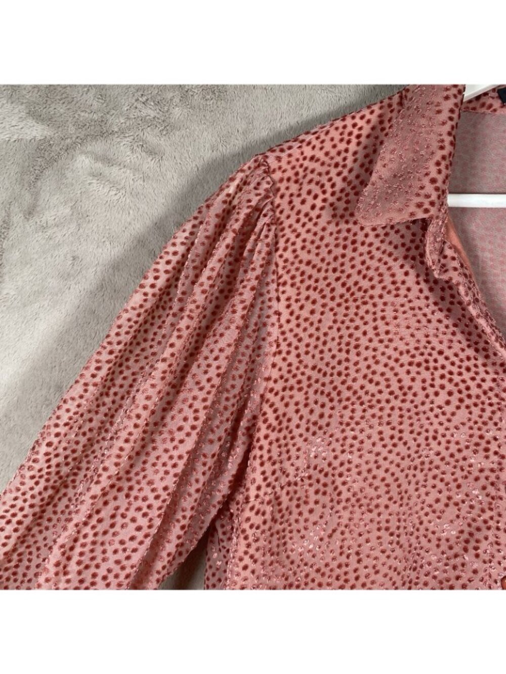 Lulus Top M Positive Influences Pink Dotted Long Sleeve Button Up Flocked Sheer - Picture 8 of 16